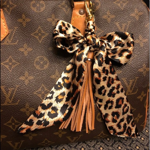 Purse scarf braided tassel clip bag charm leopard black gold  w/brown tassel - Picture 4 of 5